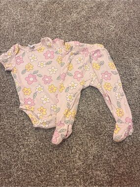 Baby Pink Floral One-Piece and Footed Pant Set